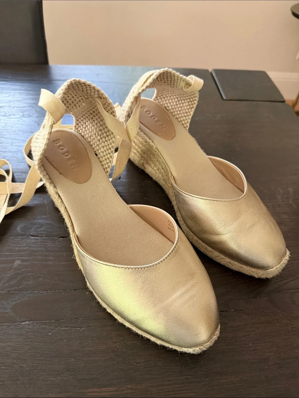 Boden Metallic Gold Espadrille Wedges with Ankle Ties
